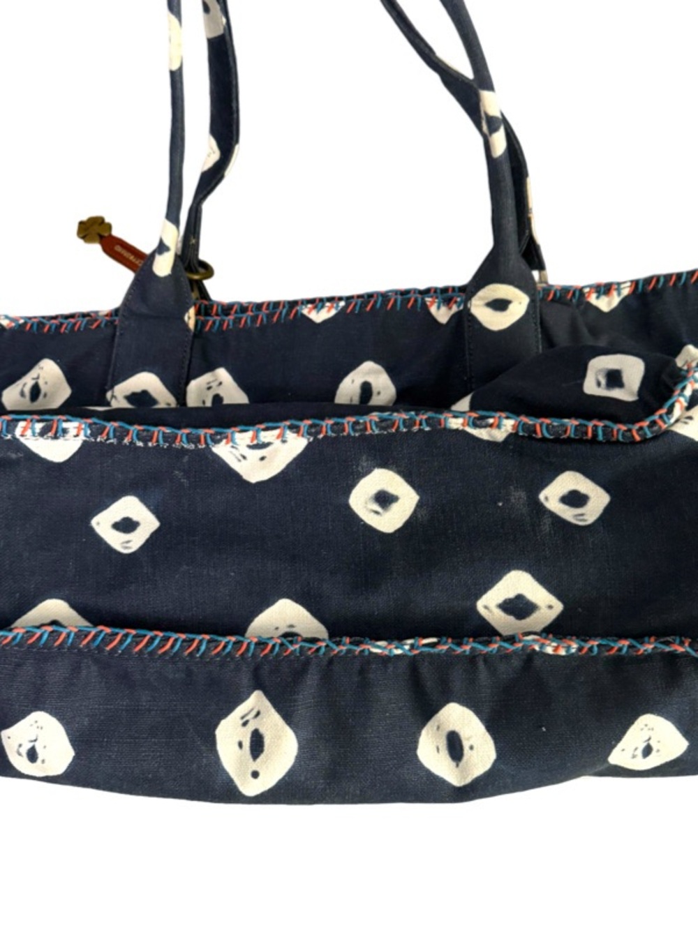 Lucky Brand Canvas Batik Tote Bag plus Zippered Wallet Pouch Leather Navy White - Picture 5 of 16
